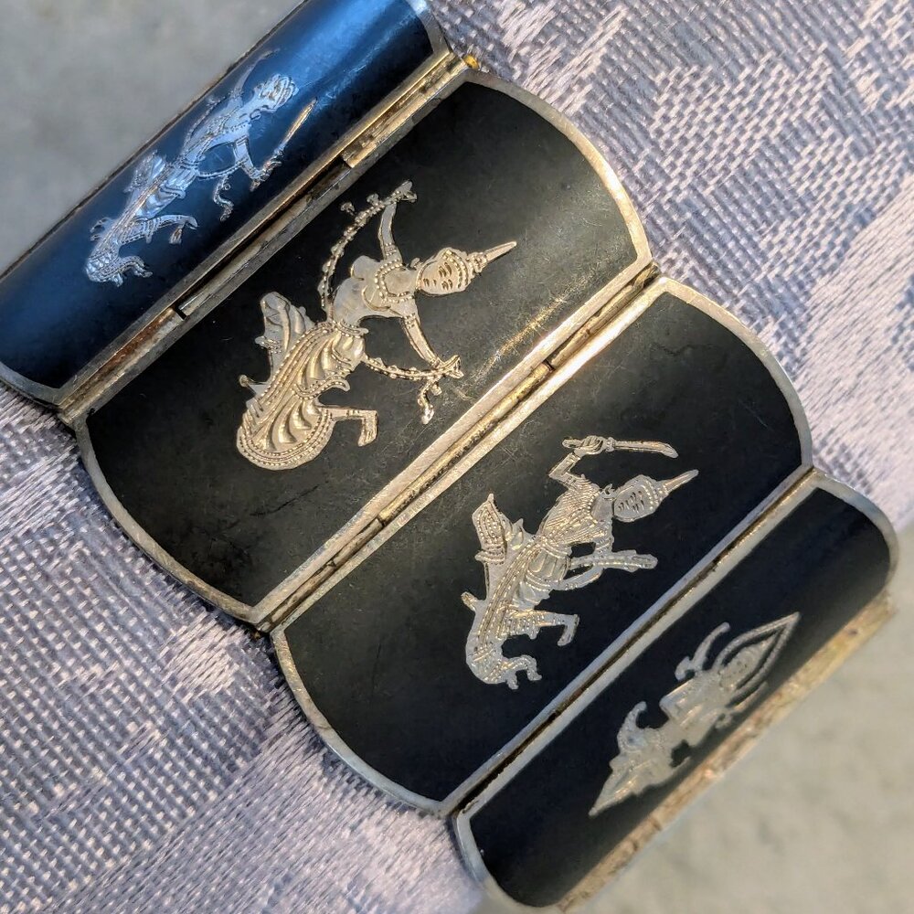 Vintage Siam Sterling Silver Niello Bracelet - Thai Goddess Ramakien Jewelry 925